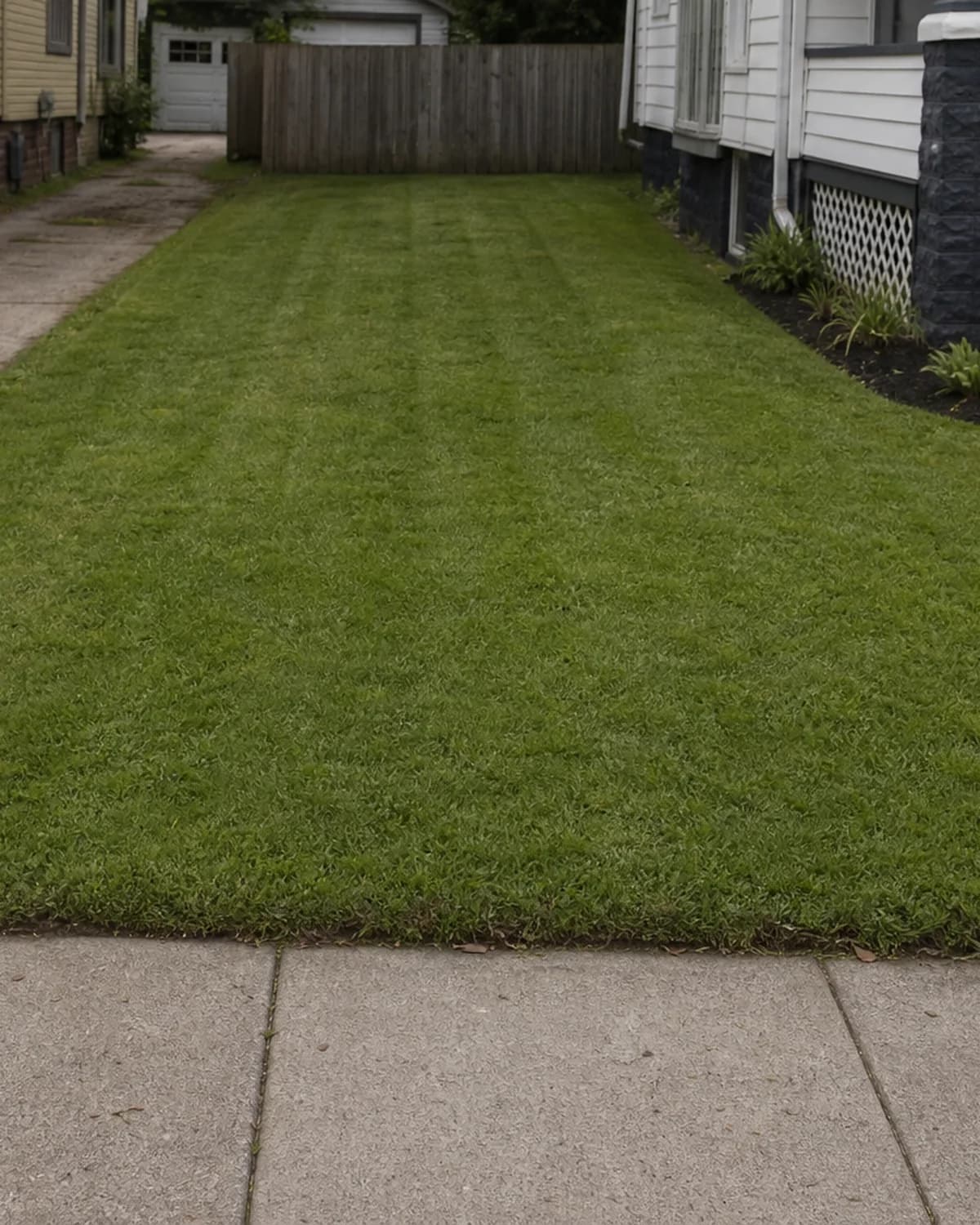 Freshly mowed small front lawn with clean sidewalk edge.