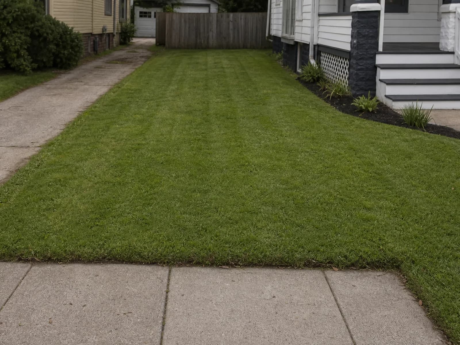 Freshly mowed small front lawn with clean sidewalk edge.