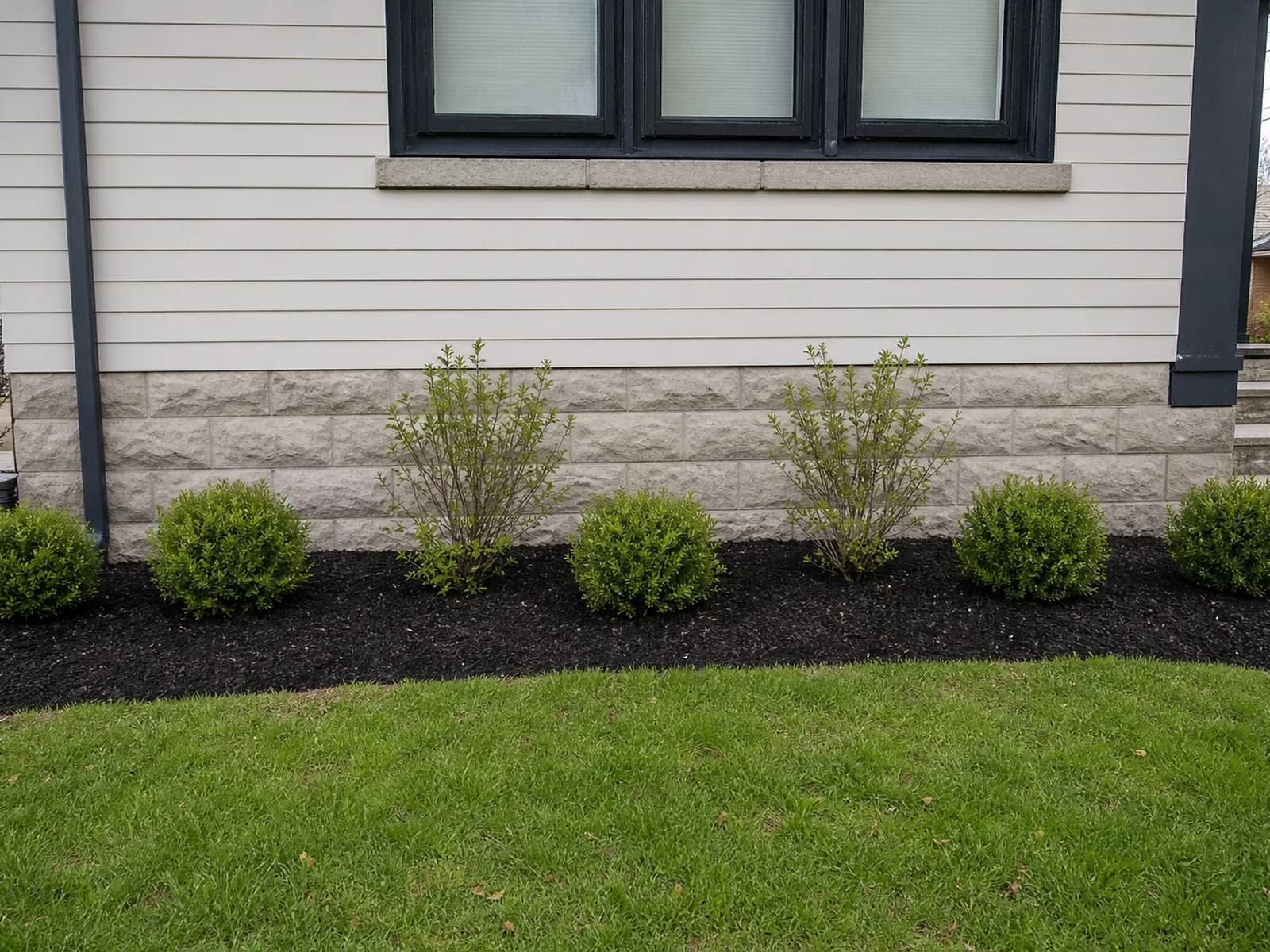 Foundation bed after cleanup, edging, and mulch refresh.