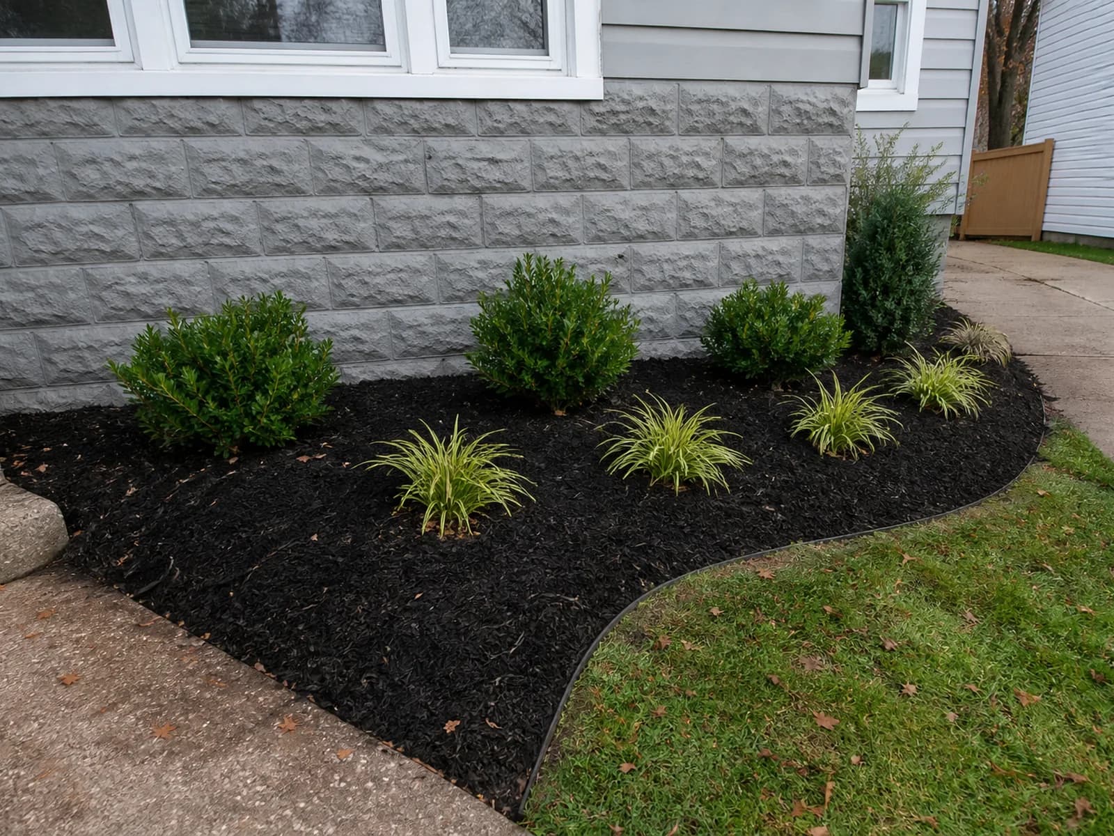 Completed foundation bed reset with clean edge and mulch.