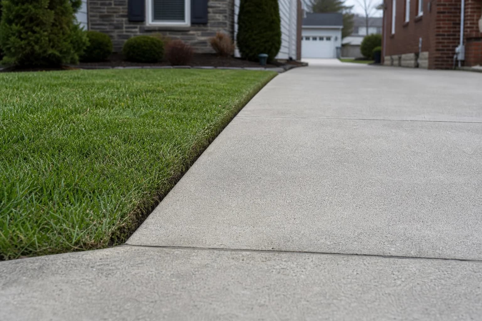 Freshly edged driveway border after mowing.