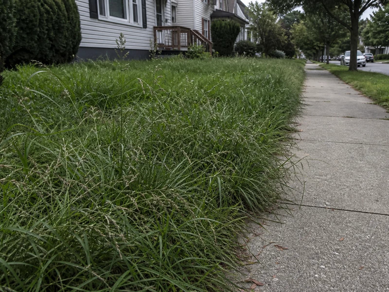 Overgrown sidewalk edge before cleanup.