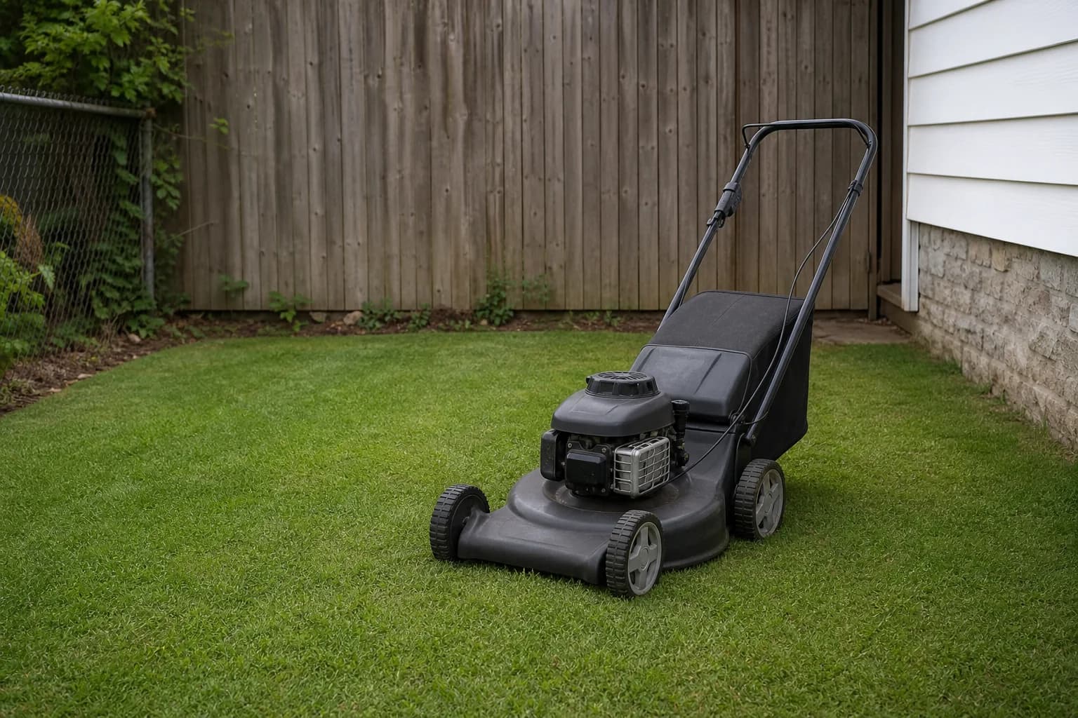 Push mower with bag on a freshly cut small lawn.