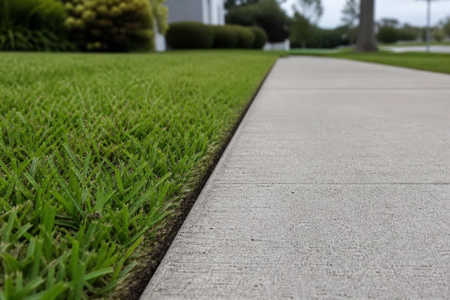 Close-up of clean sidewalk edge after lawn care visit.